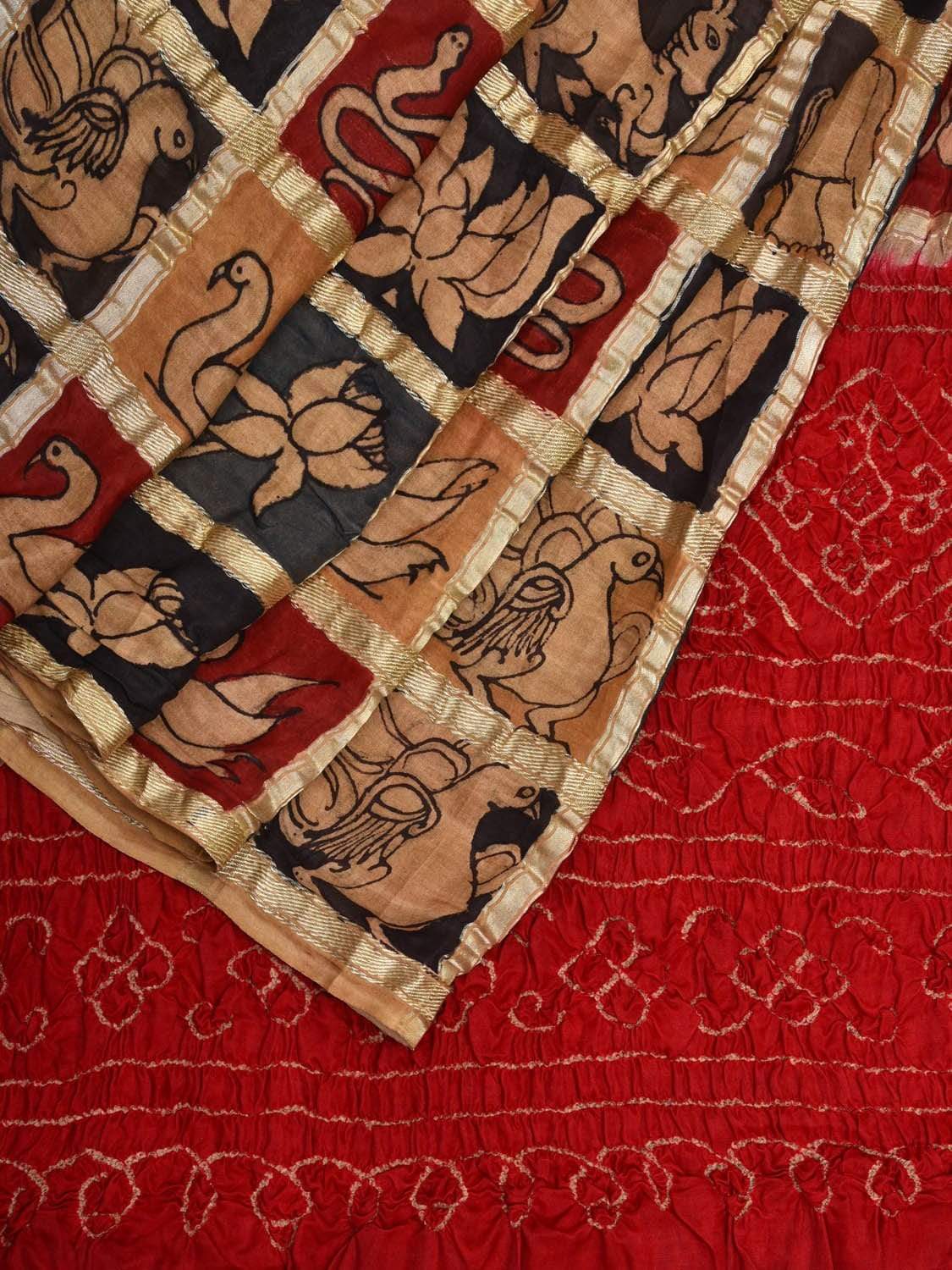 Red Bandhani Kalamkari Silk Handloom Saree with Checks Design bn0287