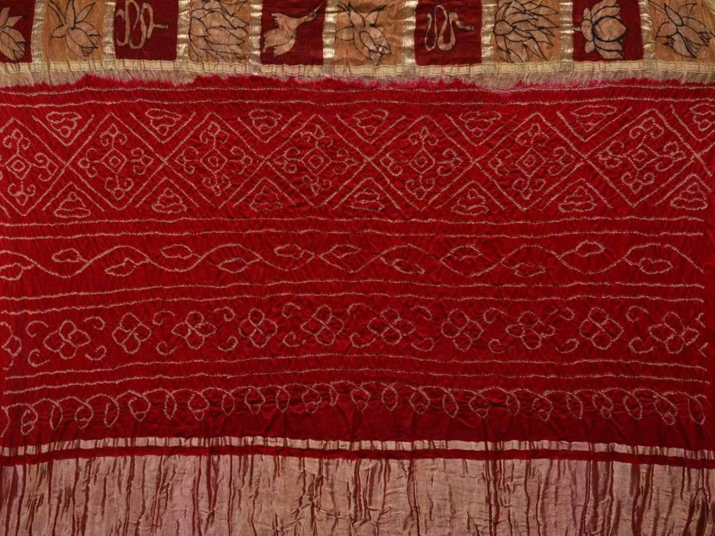 Red Bandhani Kalamkari Silk Handloom Saree with Checks Design bn0287