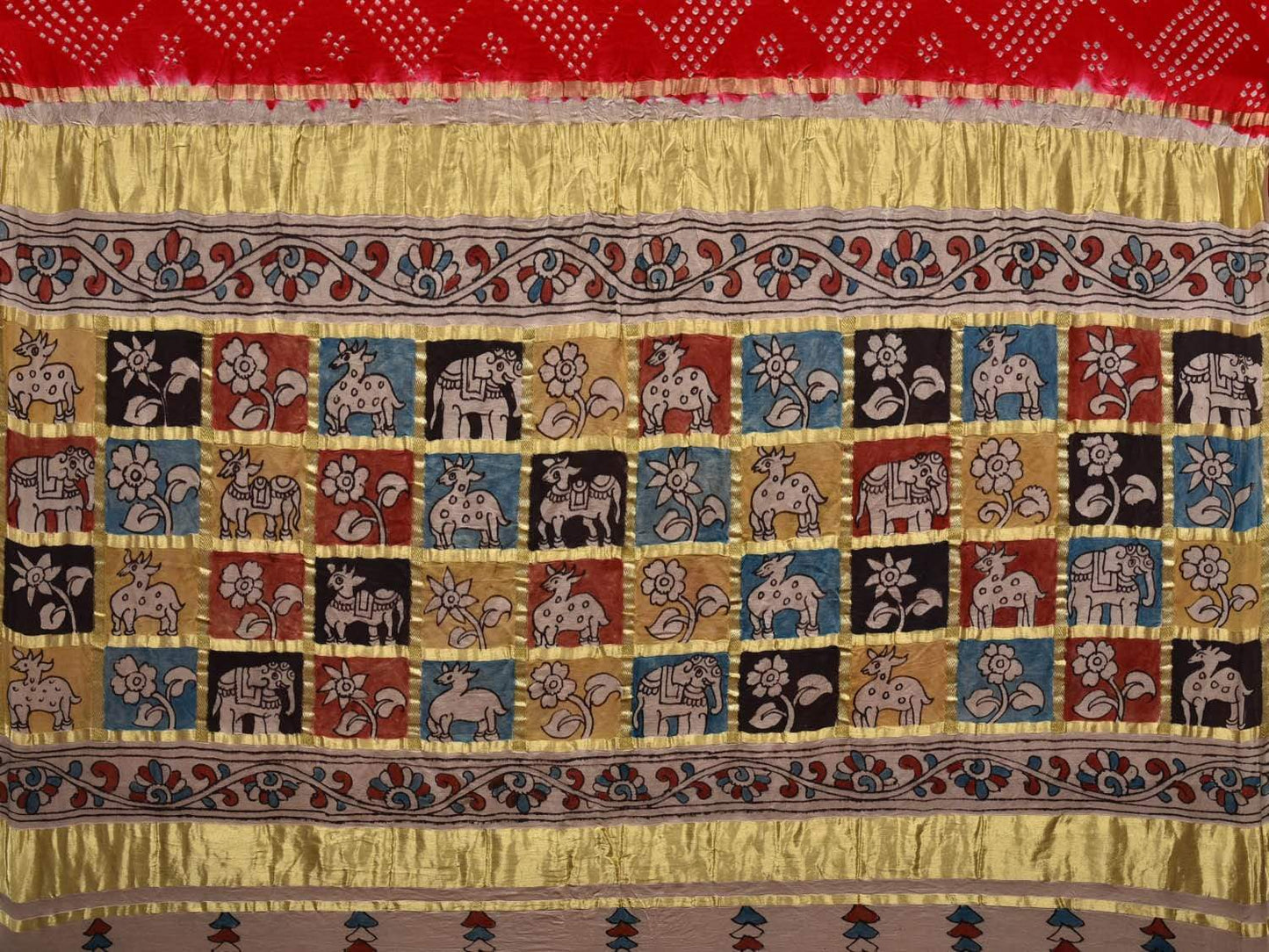 Red Bandhani Kalamkari Silk Handloom Saree with Kalamkari Pallu Design bn0240