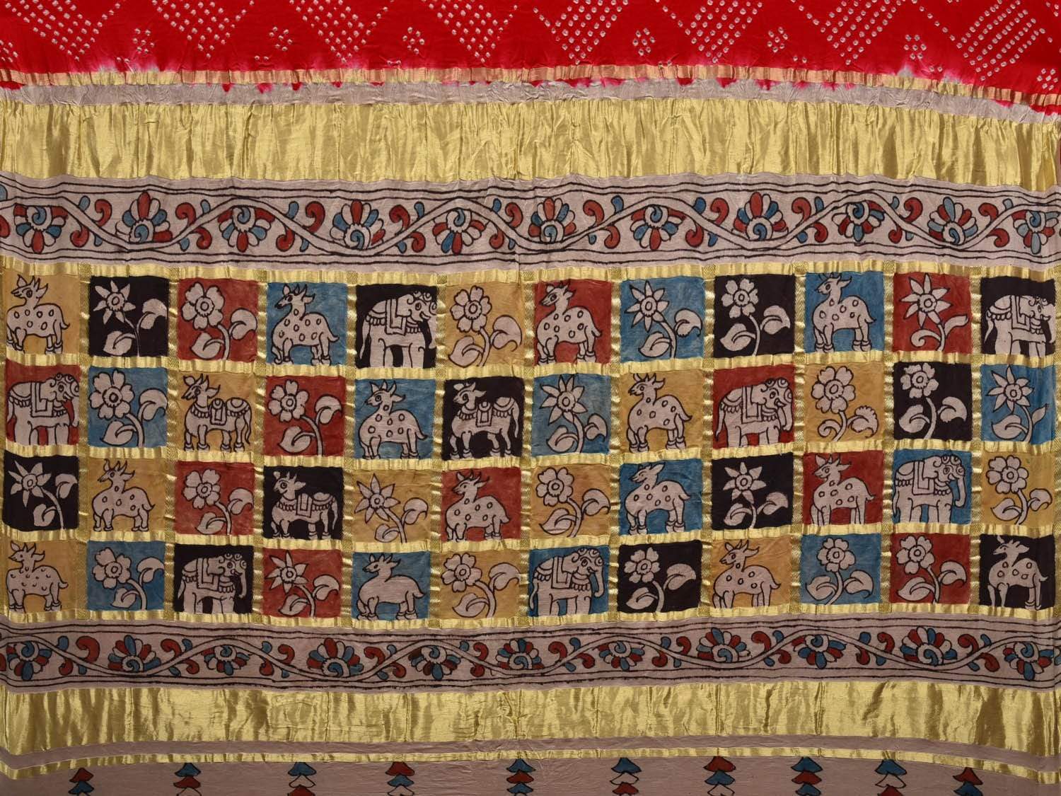Red Bandhani Kalamkari Silk Handloom Saree with Kalamkari Pallu Design bn0240