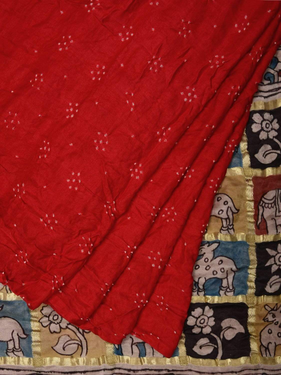 Red Bandhani Kalamkari Silk Handloom Saree with Kalamkari Pallu Design bn0240