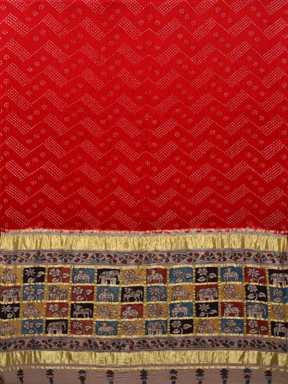 Red Bandhani Kalamkari Silk Handloom Saree with Kalamkari Pallu Design bn0240