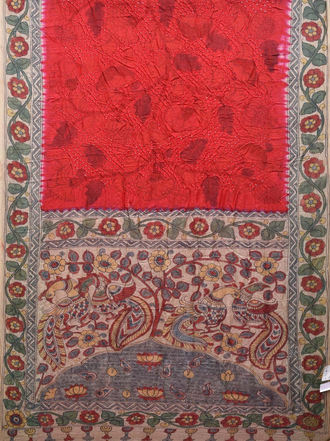 Red Bandhani Kalamkari Tussar Handloom Saree with Border and Pallu Design bn0204