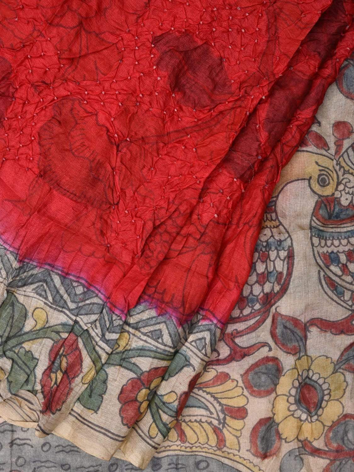 Red Bandhani Kalamkari Tussar Handloom Saree with Border and Pallu Design bn0204