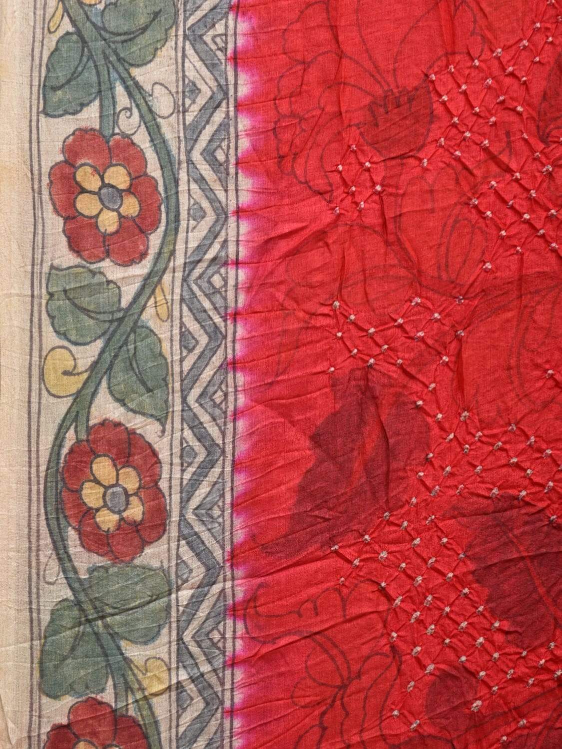 Red Bandhani Kalamkari Tussar Handloom Saree with Border and Pallu Design bn0204