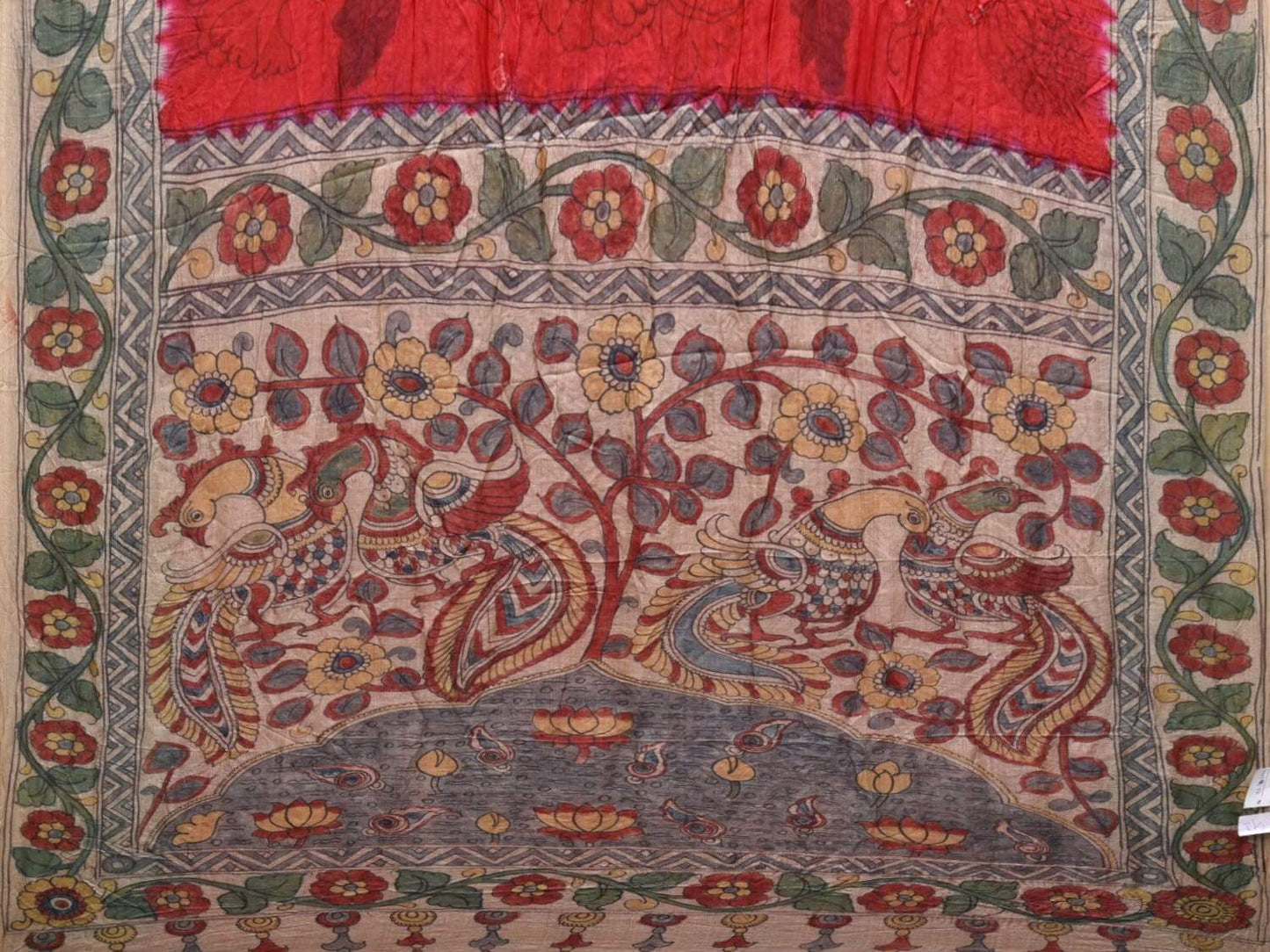 Red Bandhani Kalamkari Tussar Handloom Saree with Border and Pallu Design bn0204