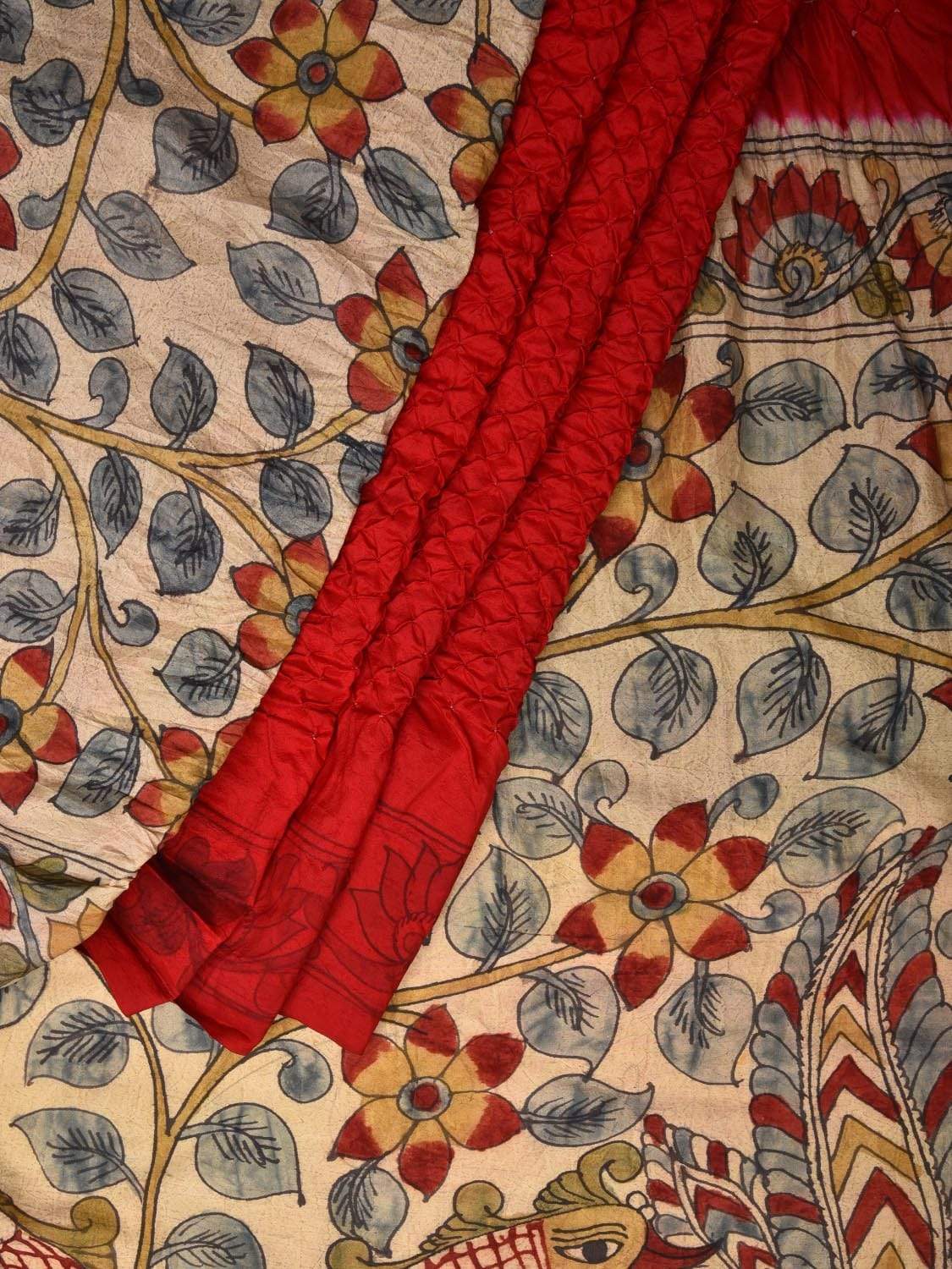 Red Bandhani Kalamkari Tussar Handloom Saree with Pallu Design bn0170