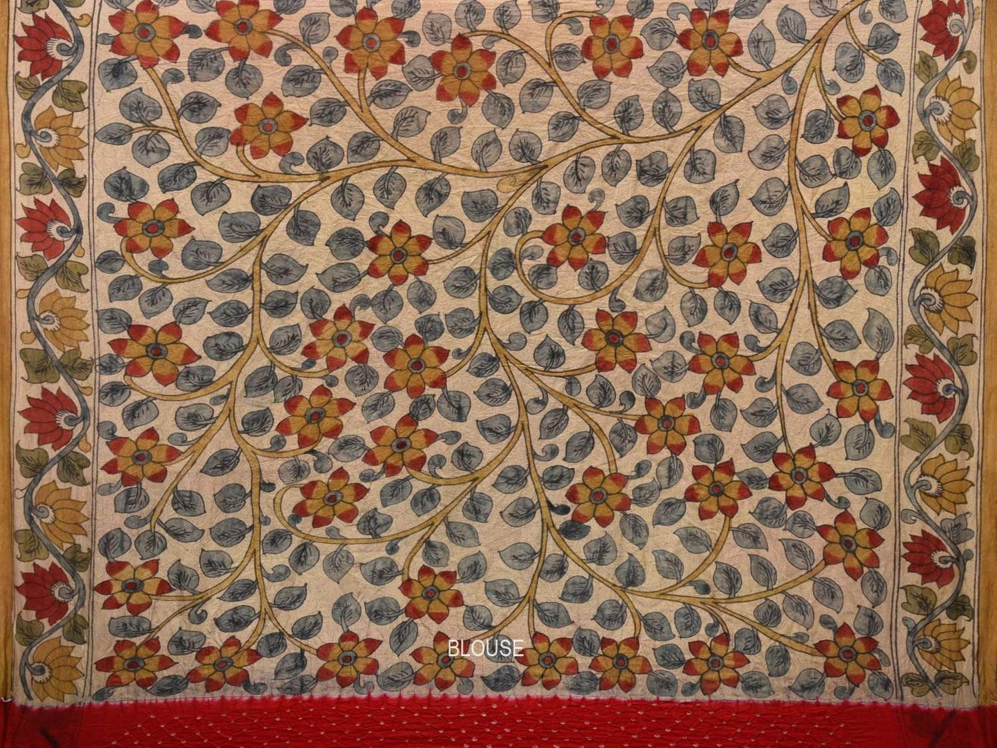 Red Bandhani Kalamkari Tussar Handloom Saree with Pallu Design bn0170