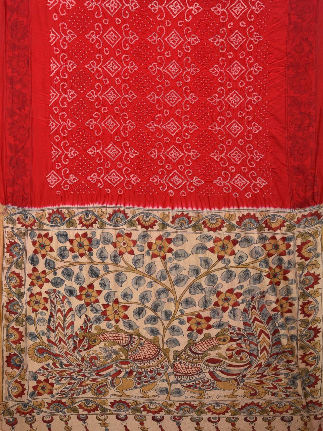 Red Bandhani Kalamkari Tussar Handloom Saree with Pallu Design bn0170