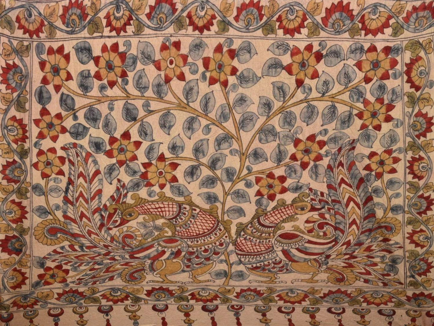 Red Bandhani Kalamkari Tussar Handloom Saree with Pallu Design bn0170