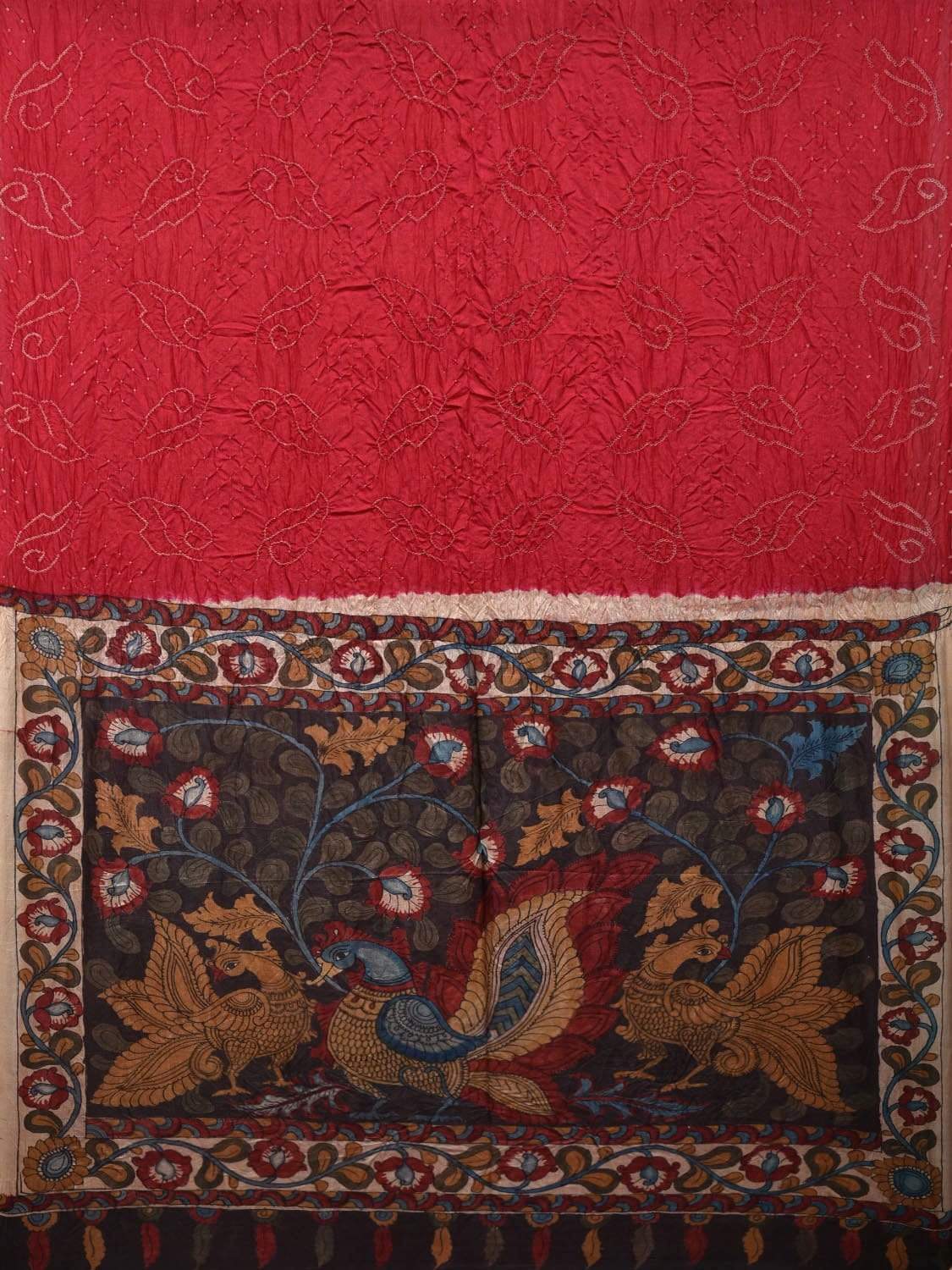 Red Bandhani Kalamkari Tussar Handloom Saree with Pallu Design bn0246