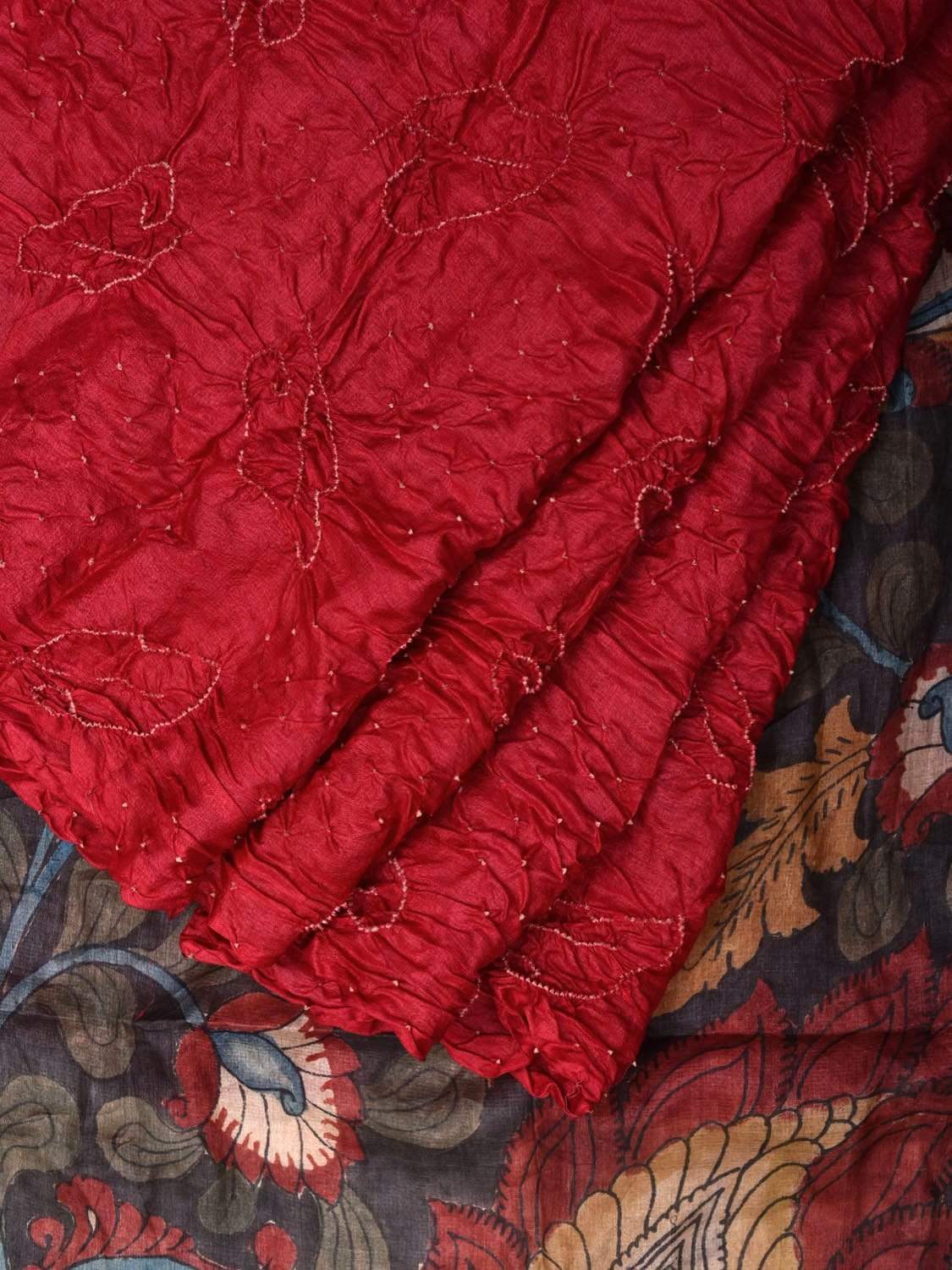 Red Bandhani Kalamkari Tussar Handloom Saree with Pallu Design bn0246