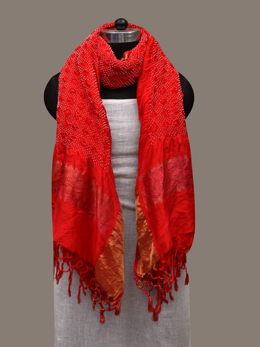 Red Bandhani Kanchipuram Silk Handloom Dupatta with Zari Border Design ds2899