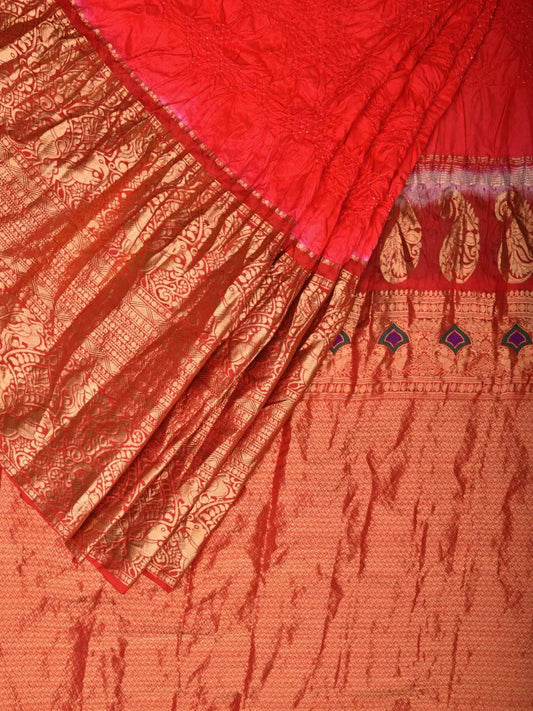Red Bandhani Kanchipuram Silk Handloom Saree with Big Border and Mango Pallu Design bn0166