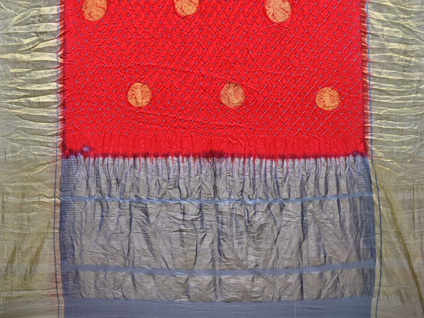 Red Bandhani Kanchipuram Silk Handloom Saree with Body Buta Design bn0218