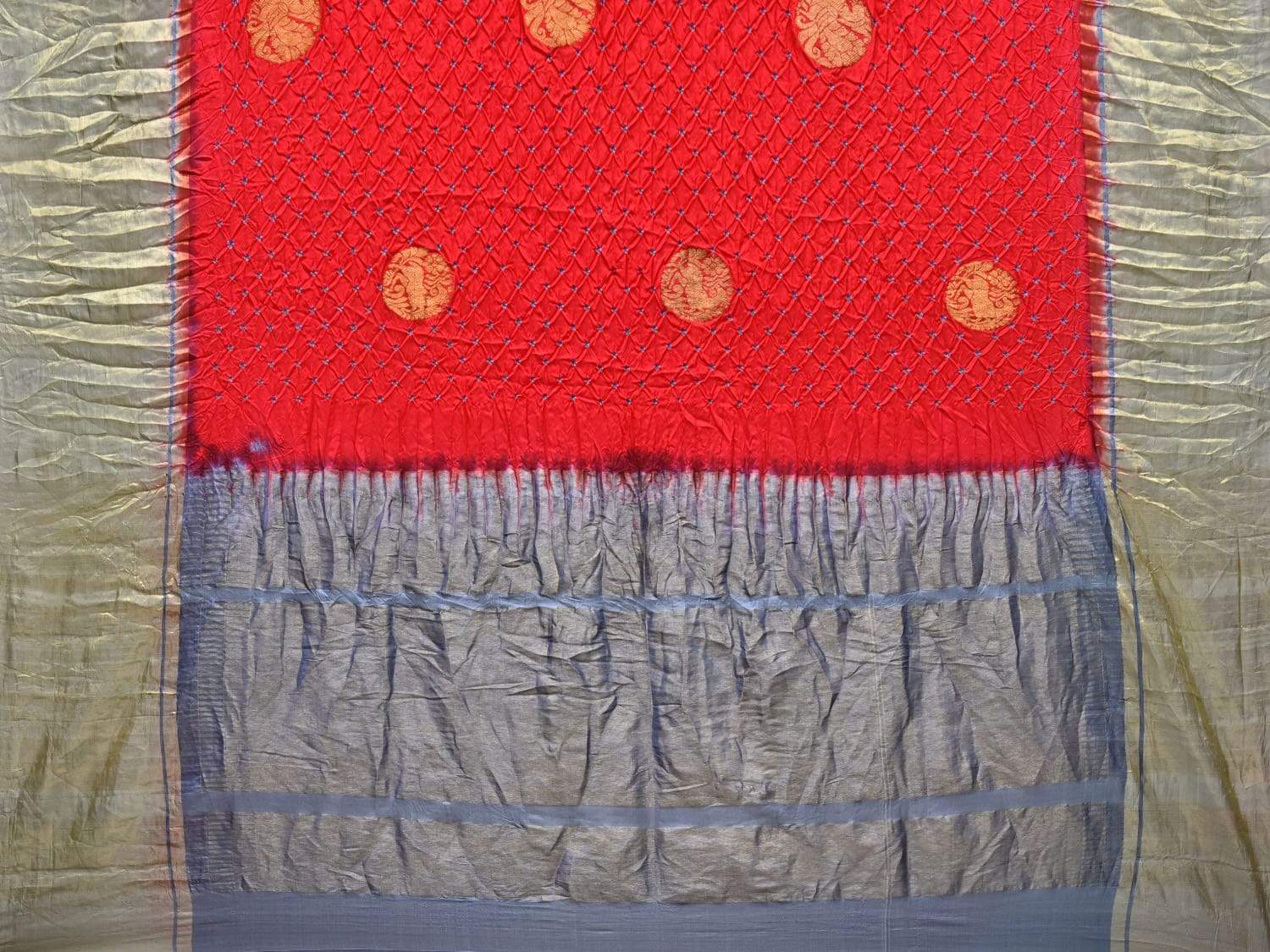 Red Bandhani Kanchipuram Silk Handloom Saree with Body Buta Design bn0218