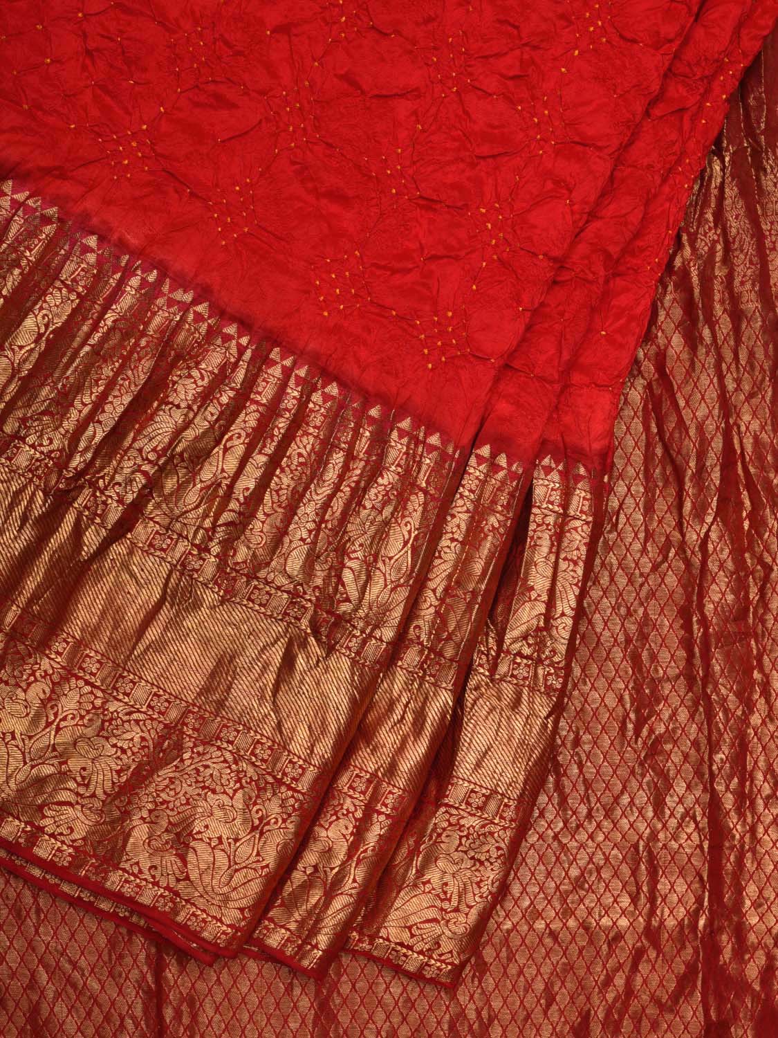 Red Bandhani Kanchipuram Silk Handloom Saree with Border Design bn0367