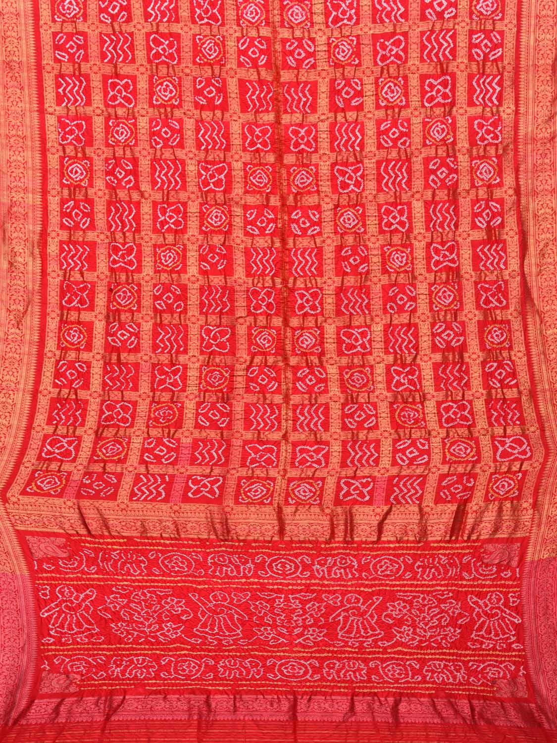 Red Bandhani Kanchipuram Silk Handloom Saree with Checks Design bn0175
