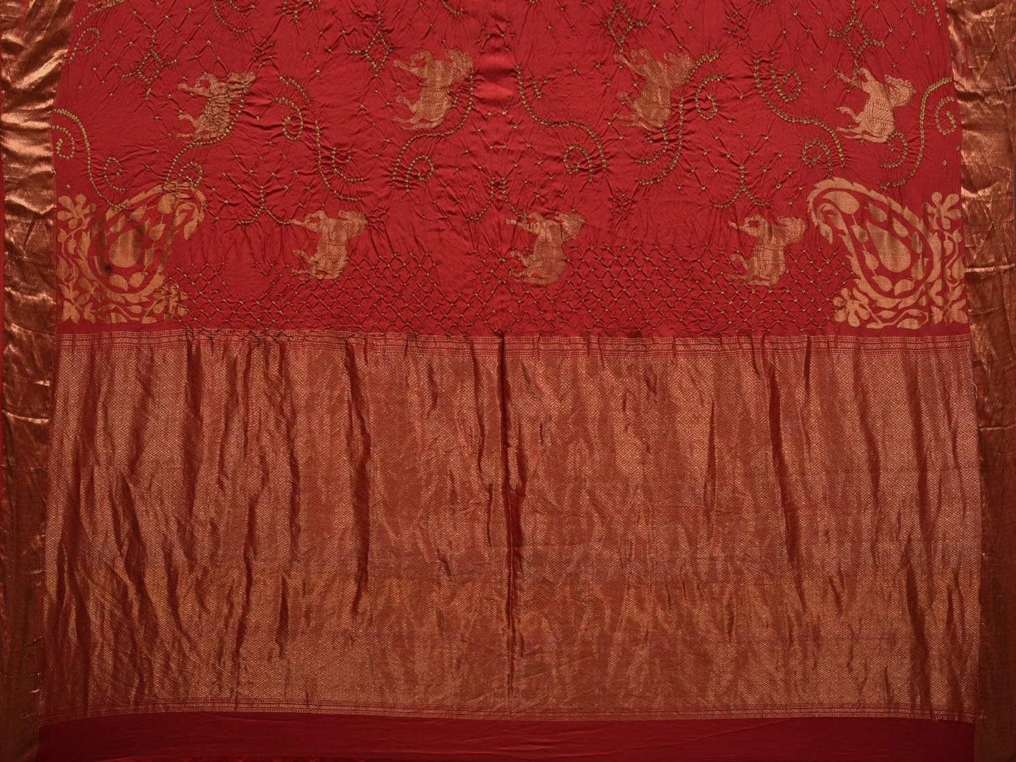 Red Bandhani Kanchipuram Silk Handloom Saree with Horse Buta Design bn0237