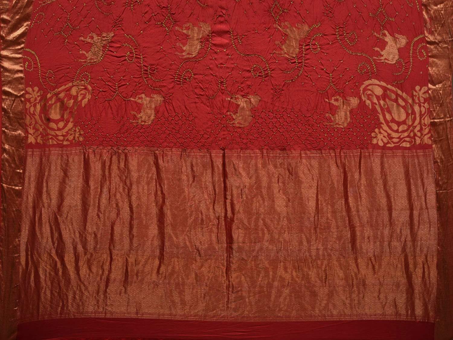 Red Bandhani Kanchipuram Silk Handloom Saree with Horse Buta Design bn0237