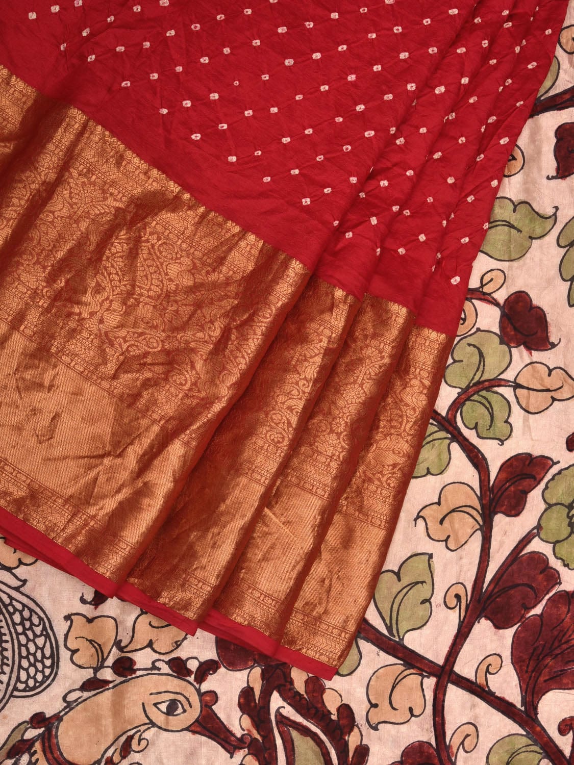 Red Bandhani Kanchipuram Silk Handloom Saree with Kalamkari Hand Painted Pallu and Blouse Design bn0401