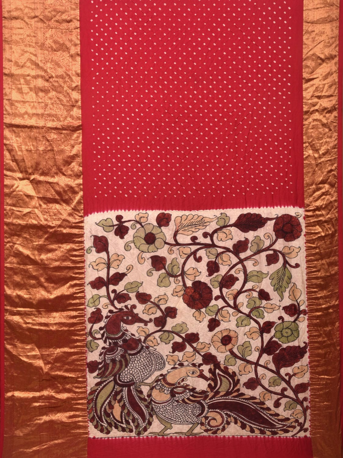 Red Bandhani Kanchipuram Silk Handloom Saree with Kalamkari Hand Painted Pallu and Blouse Design bn0401