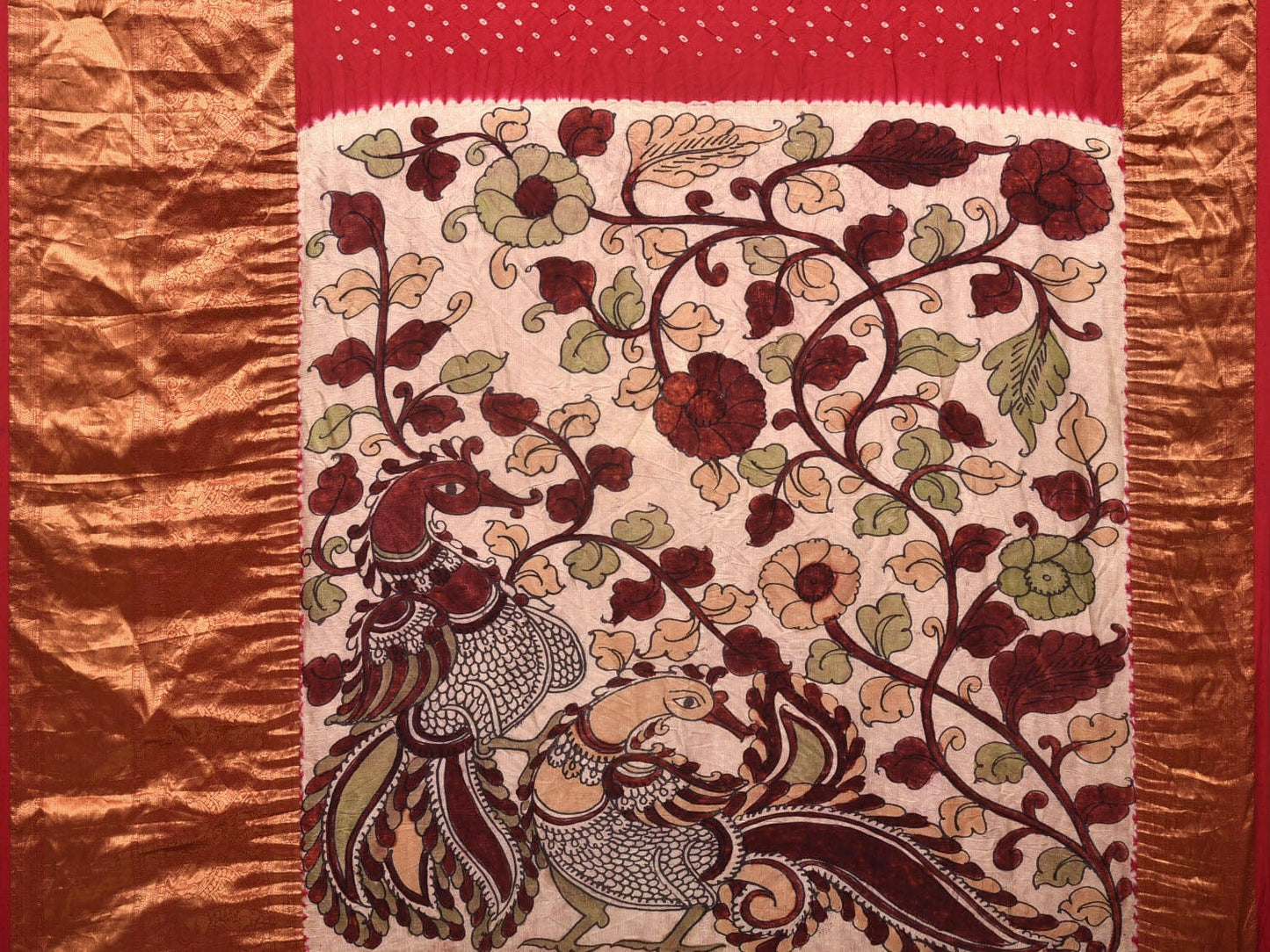 Red Bandhani Kanchipuram Silk Handloom Saree with Kalamkari Hand Painted Pallu and Blouse Design bn0401