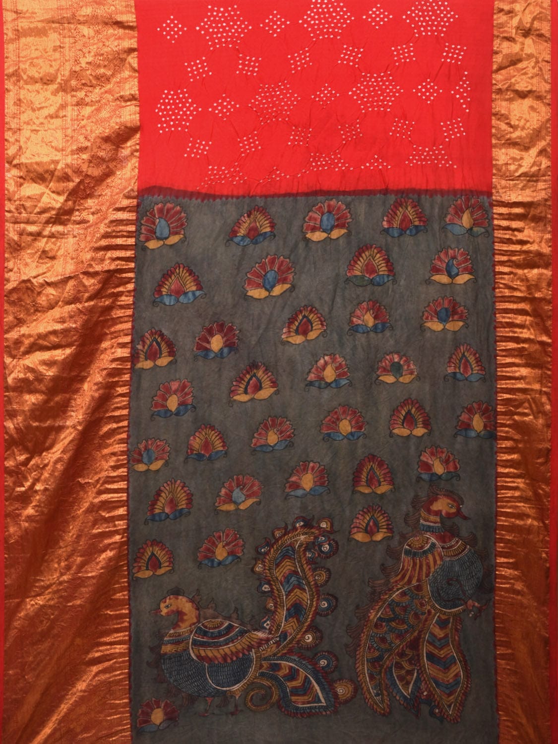 Red Bandhani Kanchipuram Silk Handloom Saree with Kalamkari Hand Painted Pallu and Blouse Design bn0404
