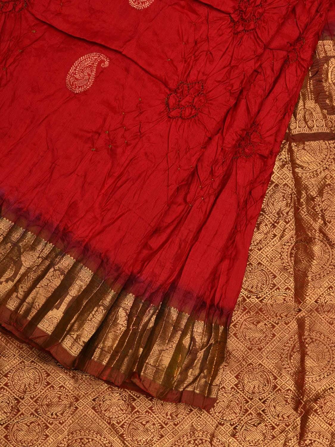 Red Bandhani Kanchipuram Silk Handloom Saree with Mango Buta Design bn0291