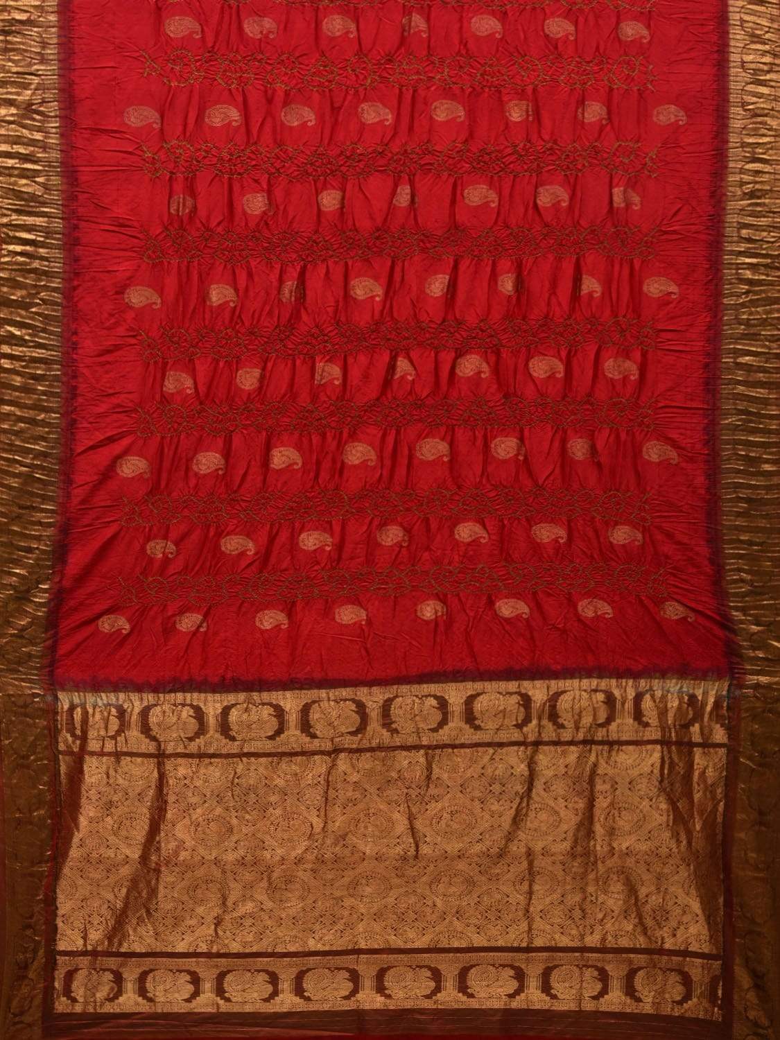 Red Bandhani Kanchipuram Silk Handloom Saree with Mango Buta Design bn0291