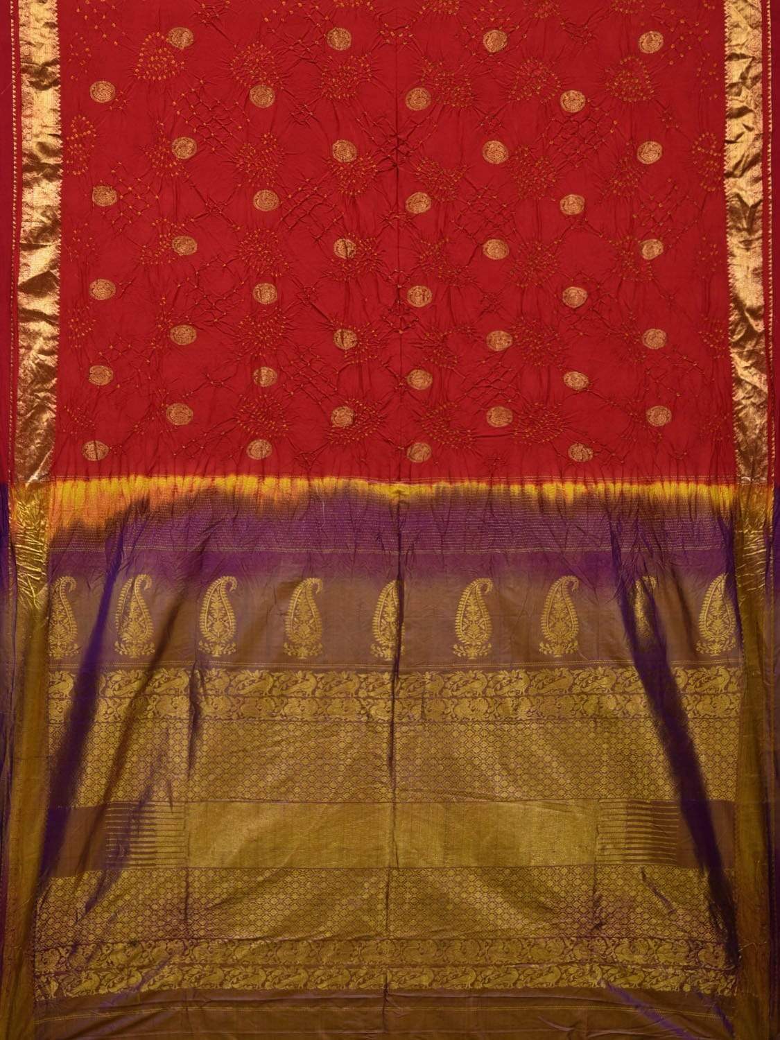 Red Bandhani Kanchipuram Silk Handloom Saree with Mango Pallu Design bn0232