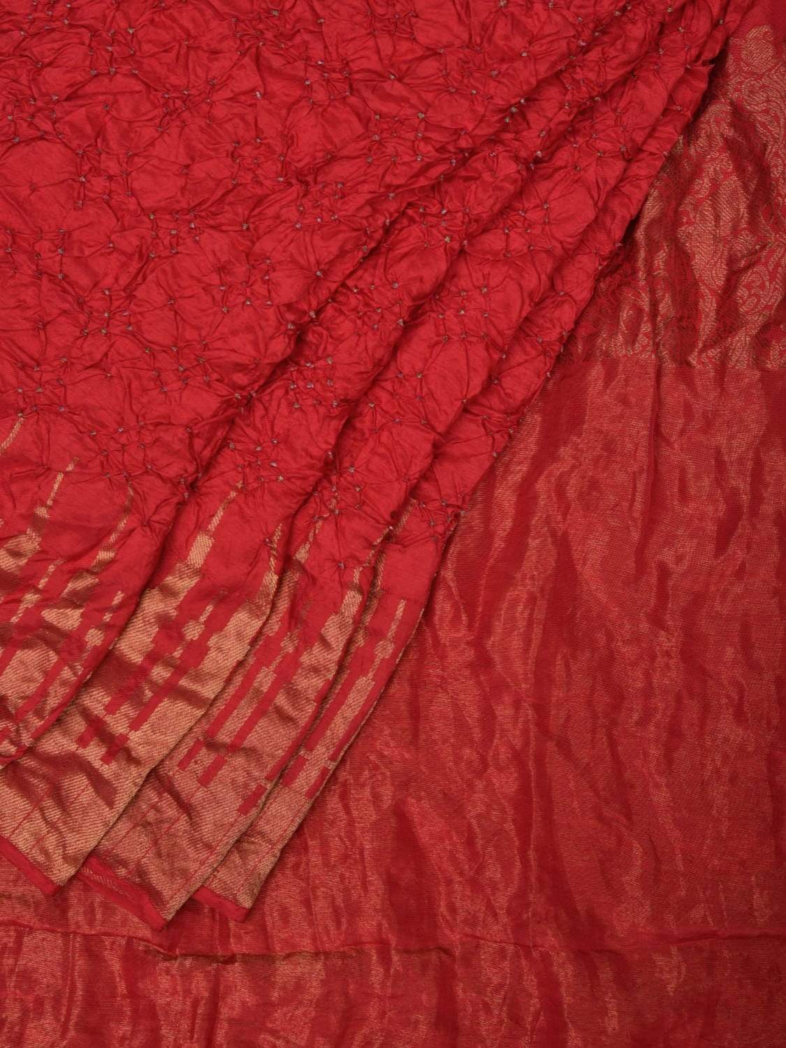 Red Bandhani Kanchipuram Silk Handloom Saree with Temple Border Design bn0180