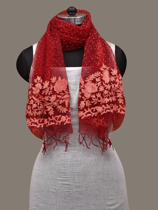Red Bandhani Organza Stole with Embroidary Work Design ds2854
