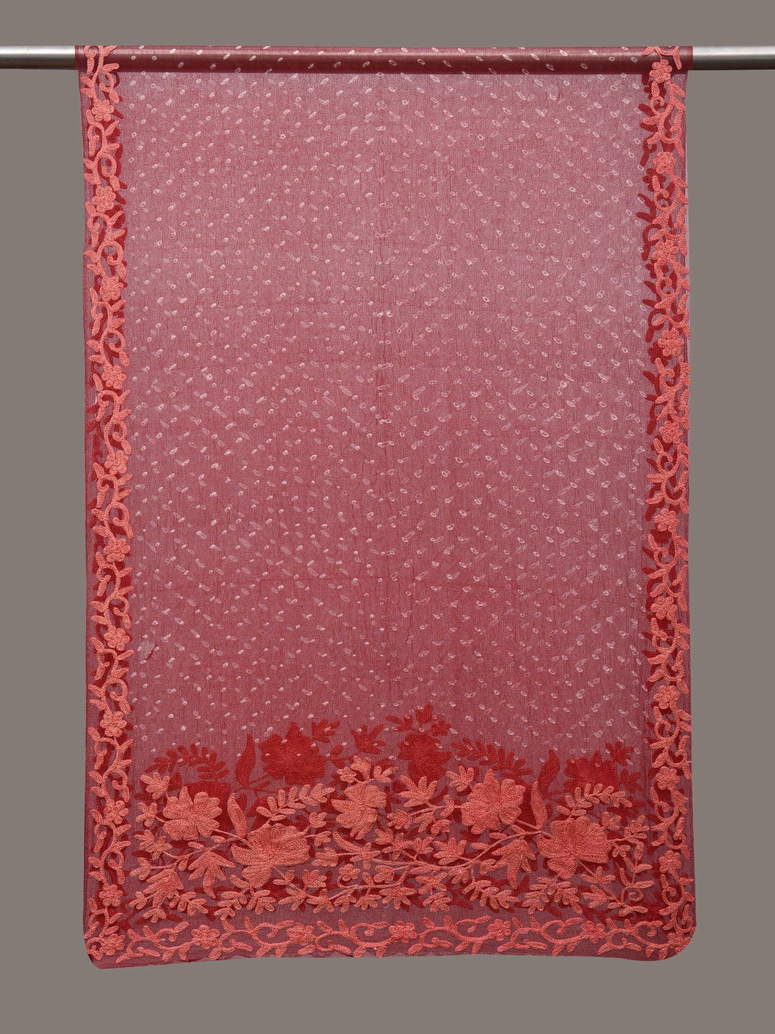 Red Bandhani Organza Stole with Embroidary Work Design ds2854