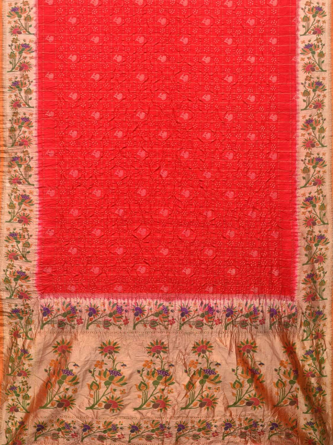 Red Bandhani Paithani Silk Handloom Saree with Checks and Lotus Border Design bn0209