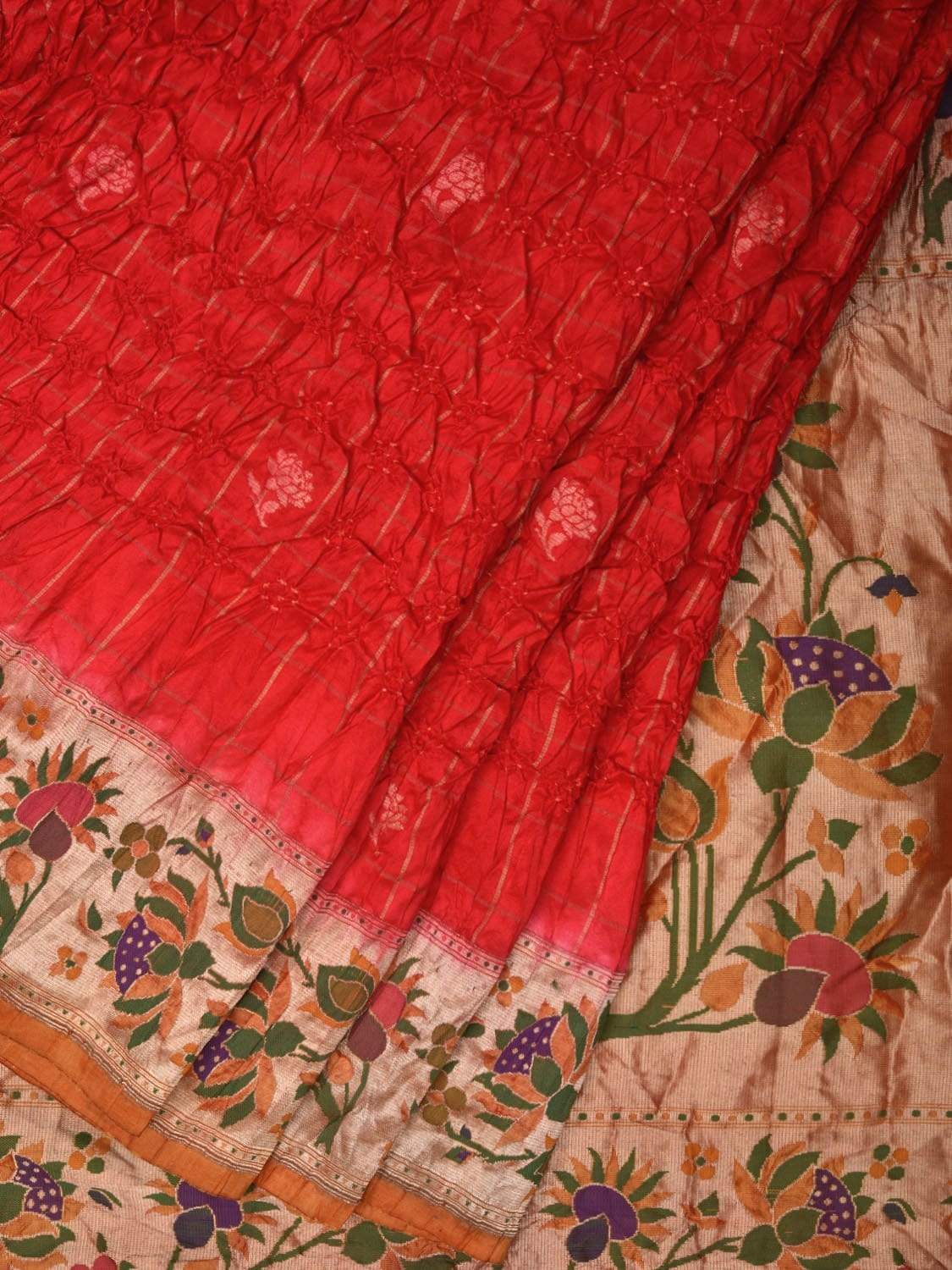 Red Bandhani Paithani Silk Handloom Saree with Checks and Lotus Border Design bn0209