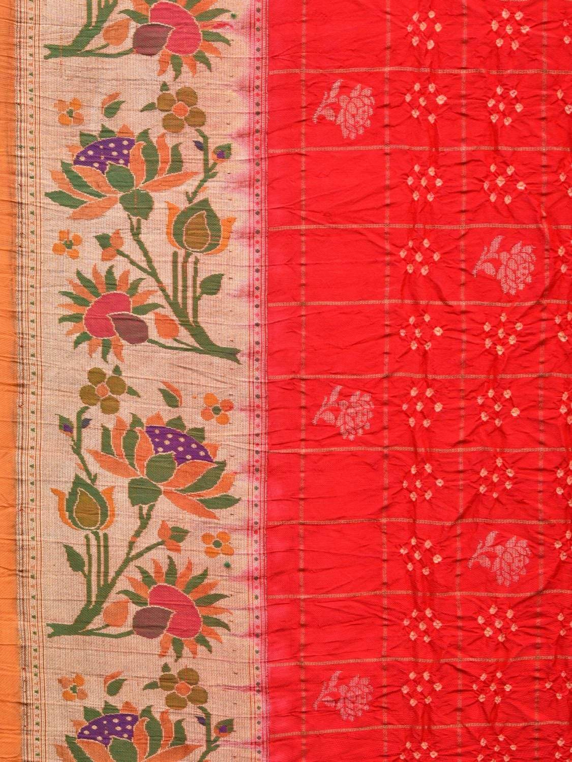 Red Bandhani Paithani Silk Handloom Saree with Checks and Lotus Border Design bn0209