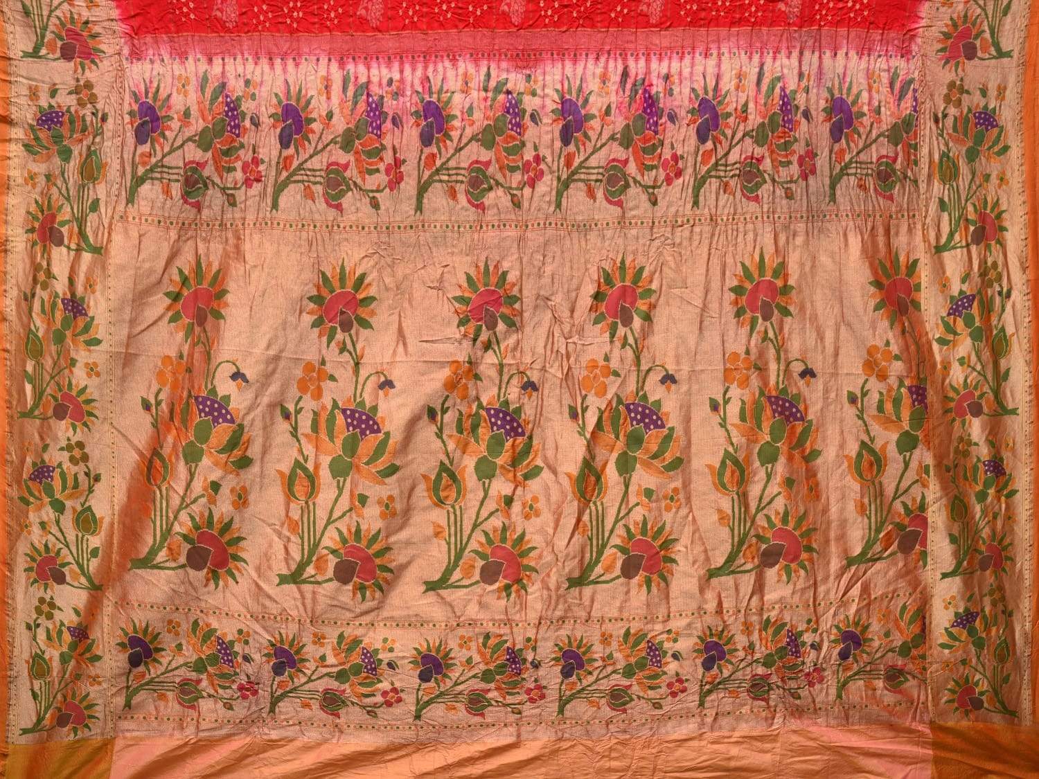 Red Bandhani Paithani Silk Handloom Saree with Checks and Lotus Border Design bn0209