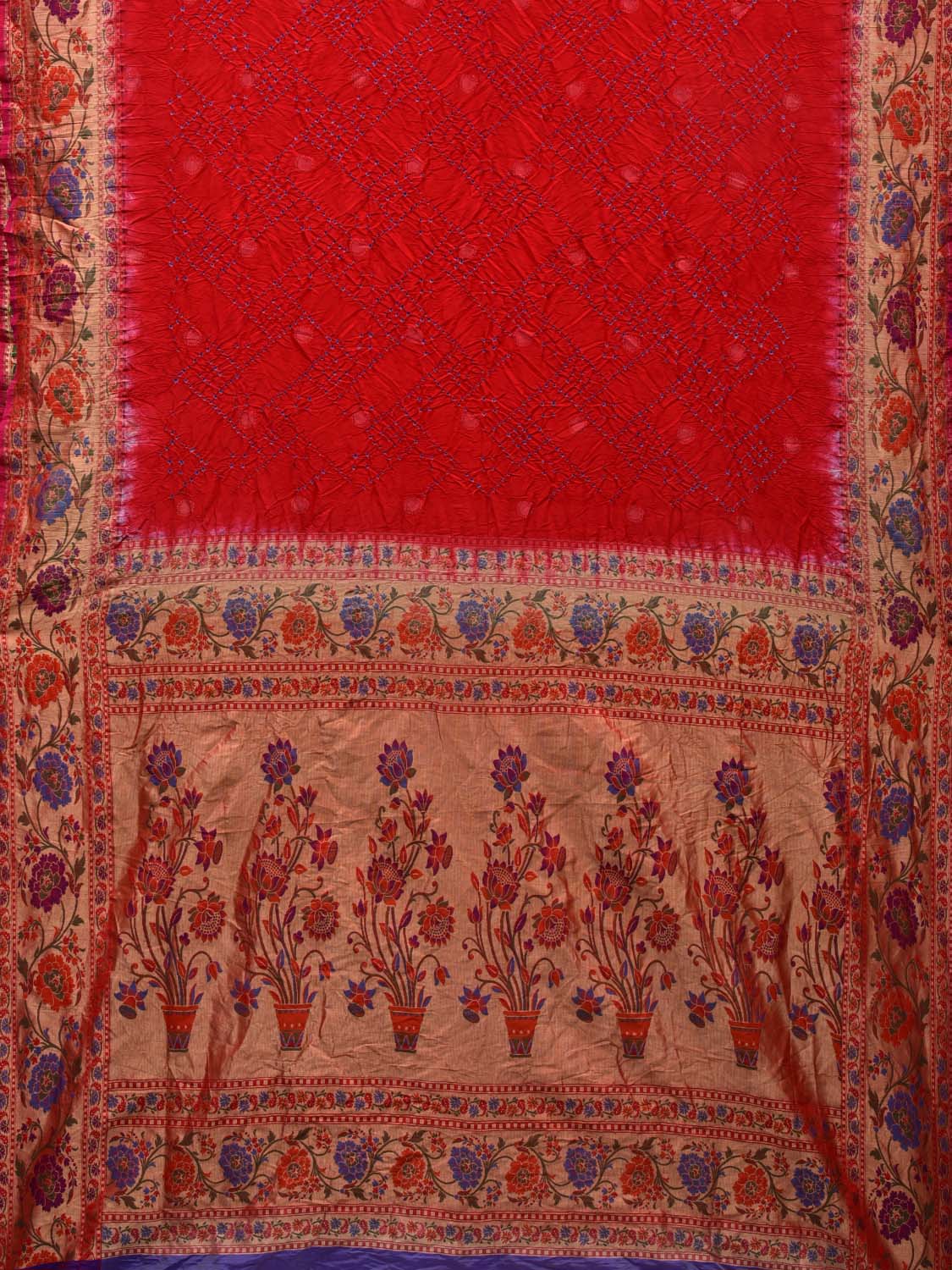 Red Bandhani Paithani Silk Handloom Saree with Flower Border Design bn0340