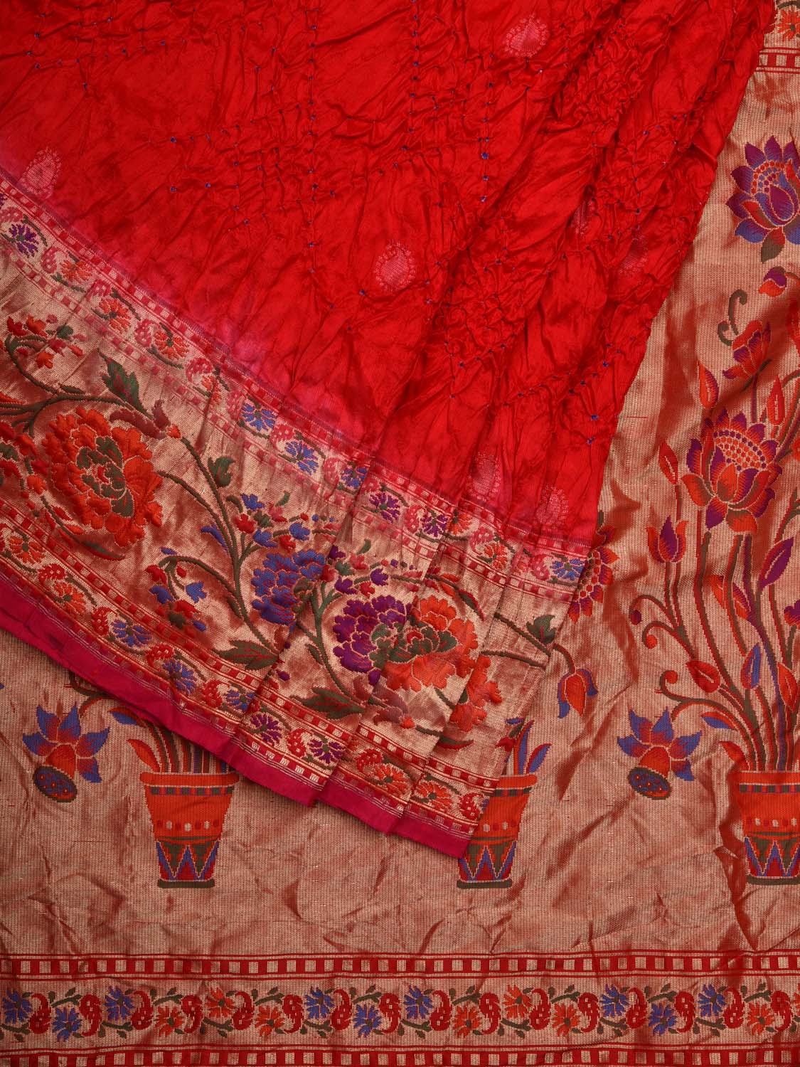 Red Bandhani Paithani Silk Handloom Saree with Flower Border Design bn0340