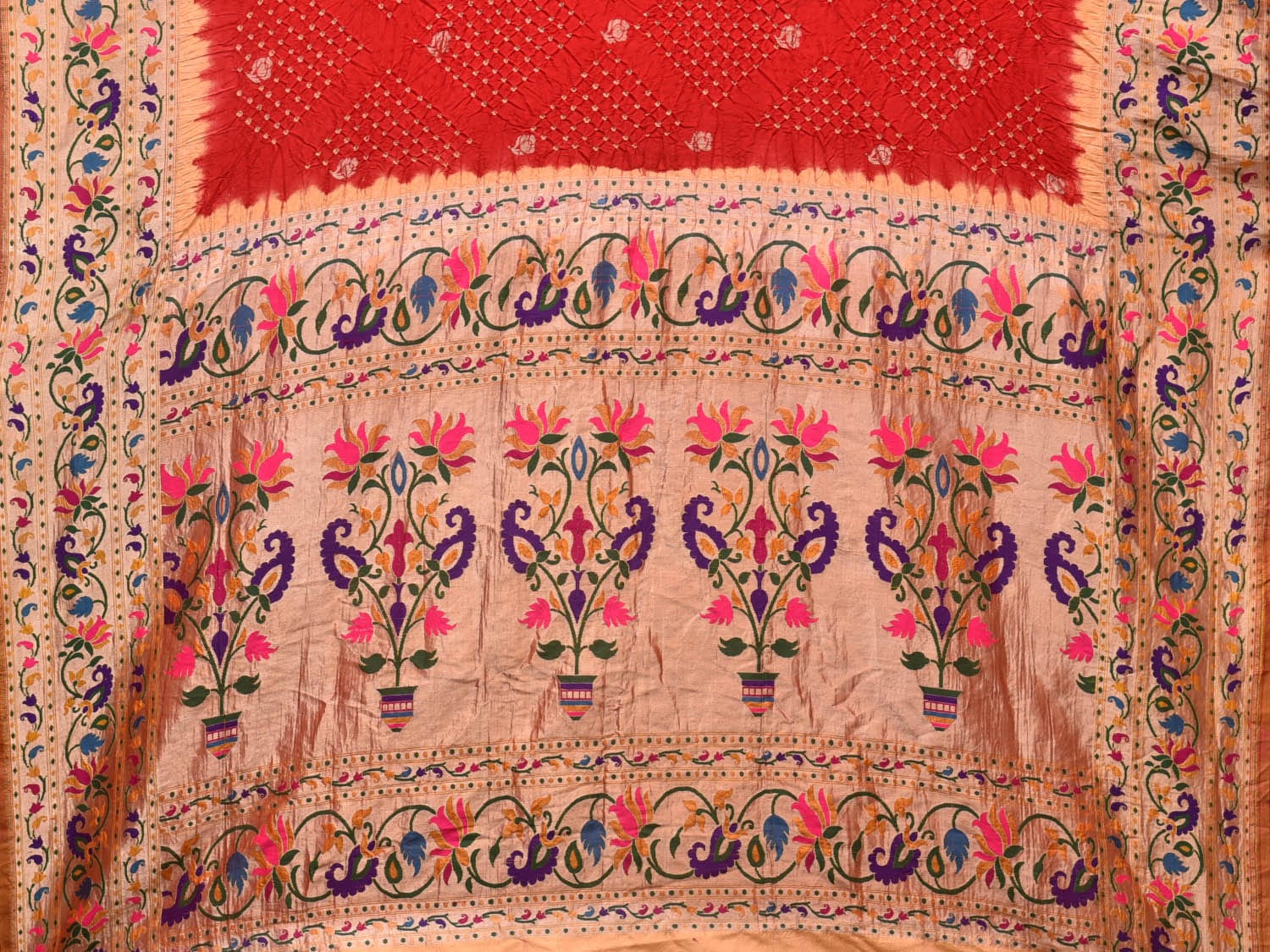 Red Bandhani Paithani Silk Handloom Saree with Lotus Border and Pallu Design bn0473