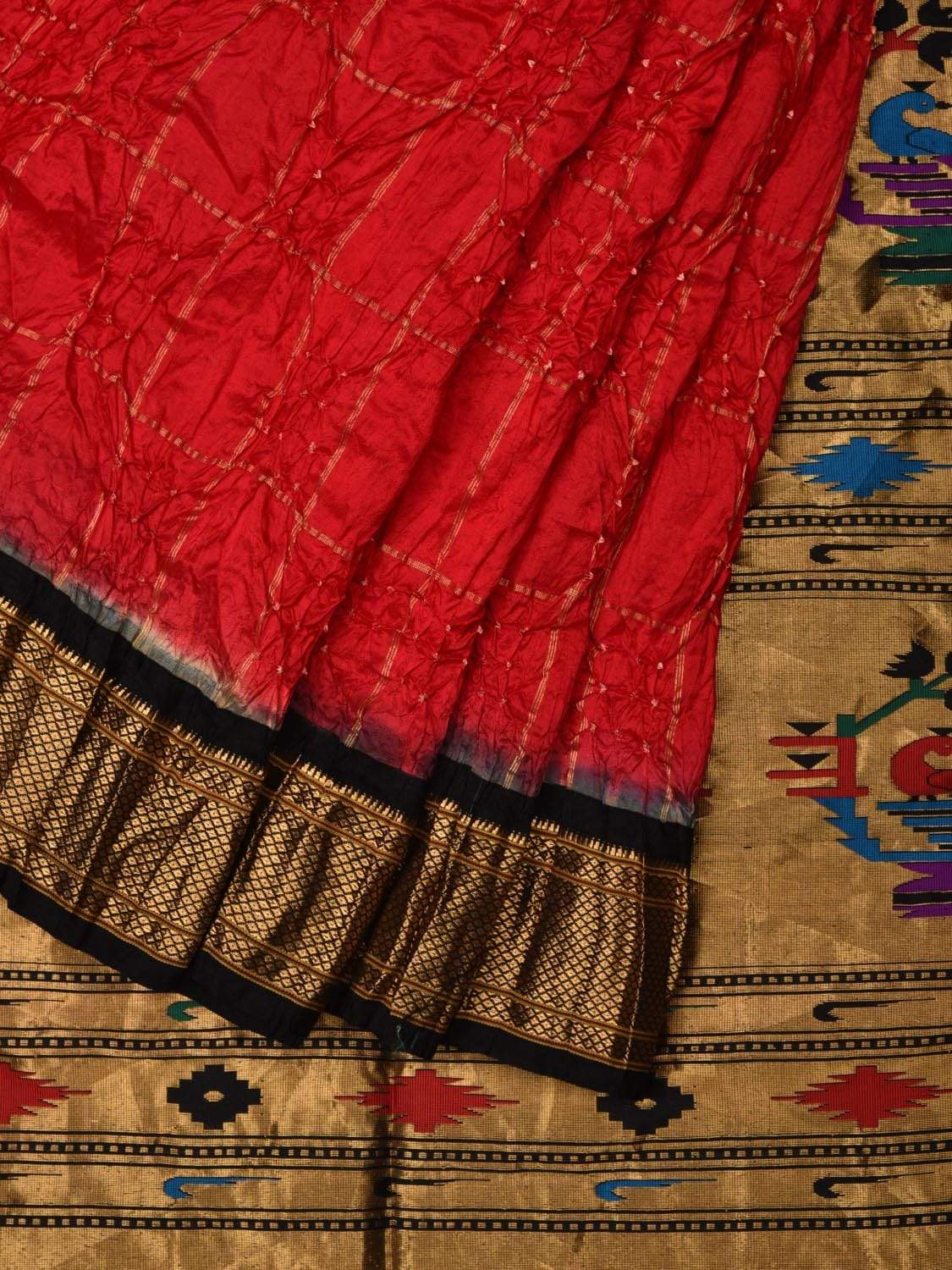 Red Bandhani Paithani Silk Handloom Saree with Pallu Design bn0235
