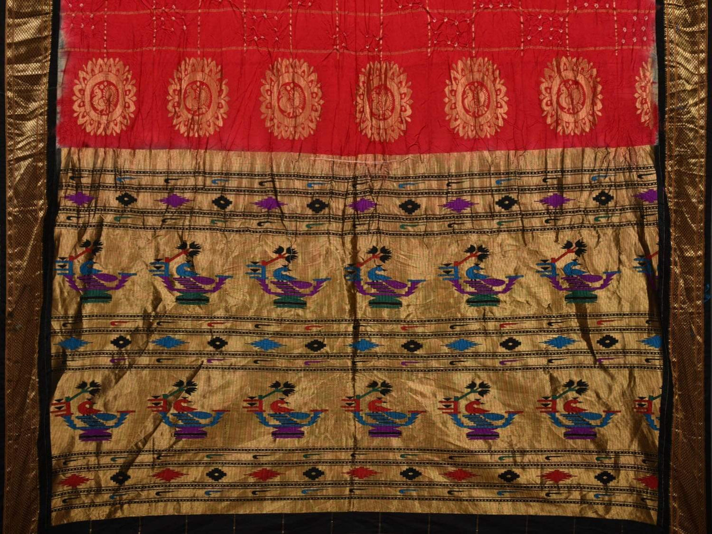 Red Bandhani Paithani Silk Handloom Saree with Pallu Design bn0235