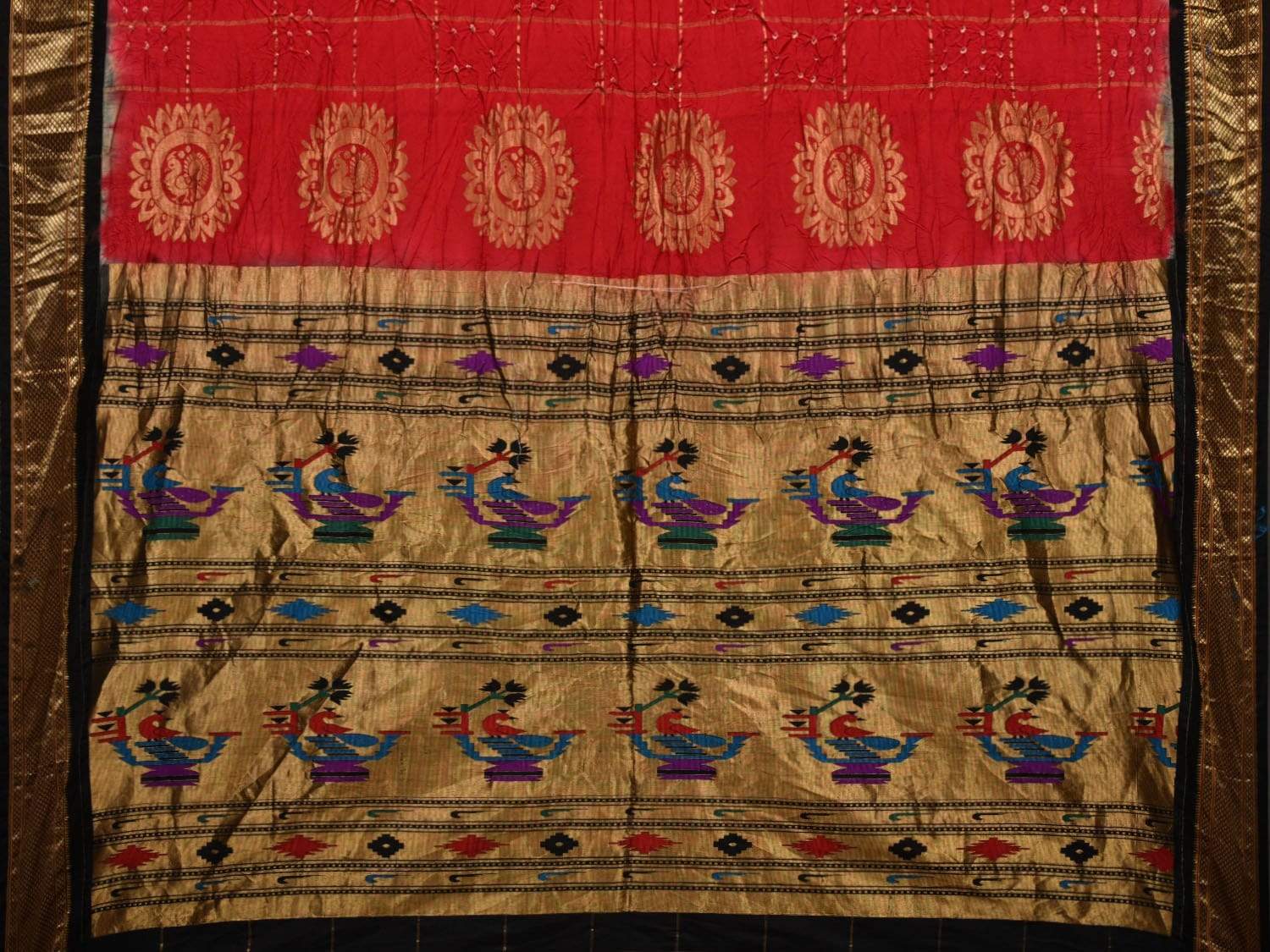 Red Bandhani Paithani Silk Handloom Saree with Pallu Design bn0235