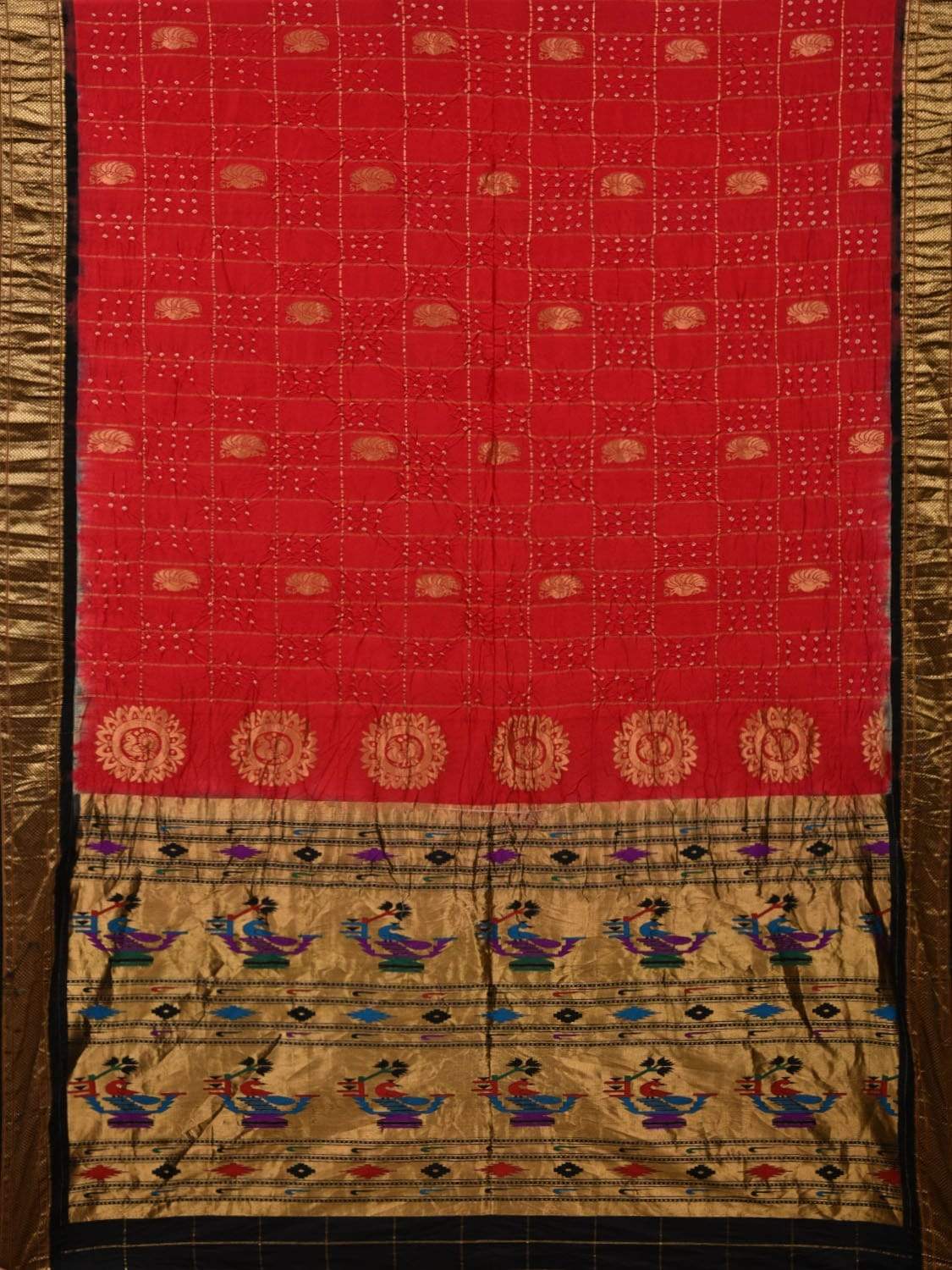 Red Bandhani Paithani Silk Handloom Saree with Pallu Design bn0235