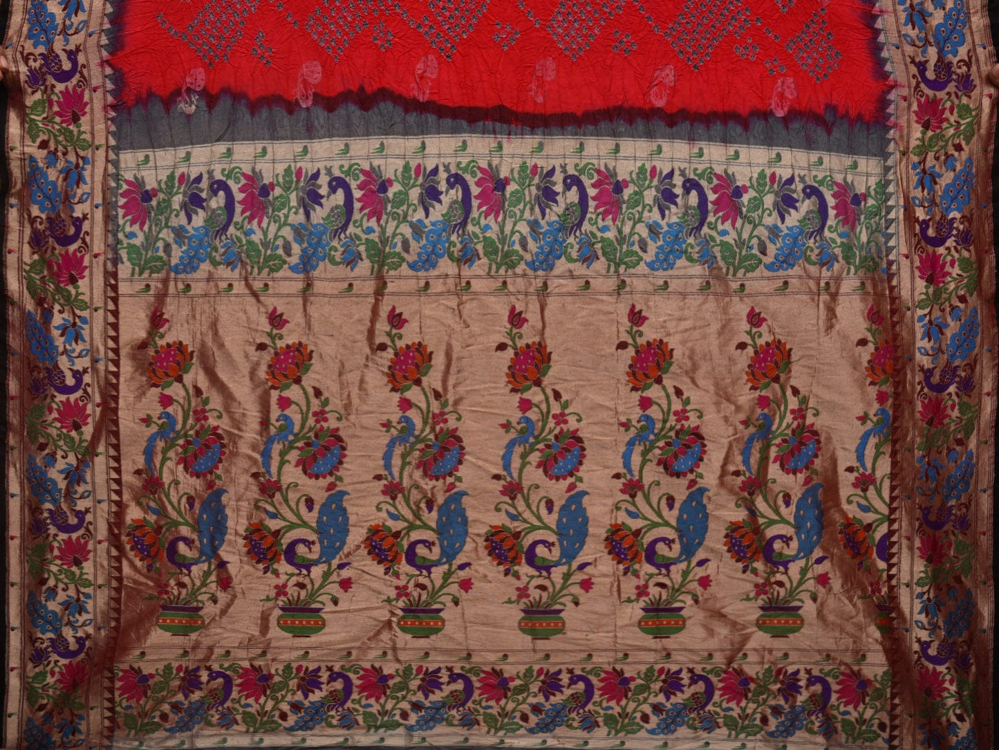 Red Bandhani Paithani Silk Handloom Saree with Peacock Border Design bn0423