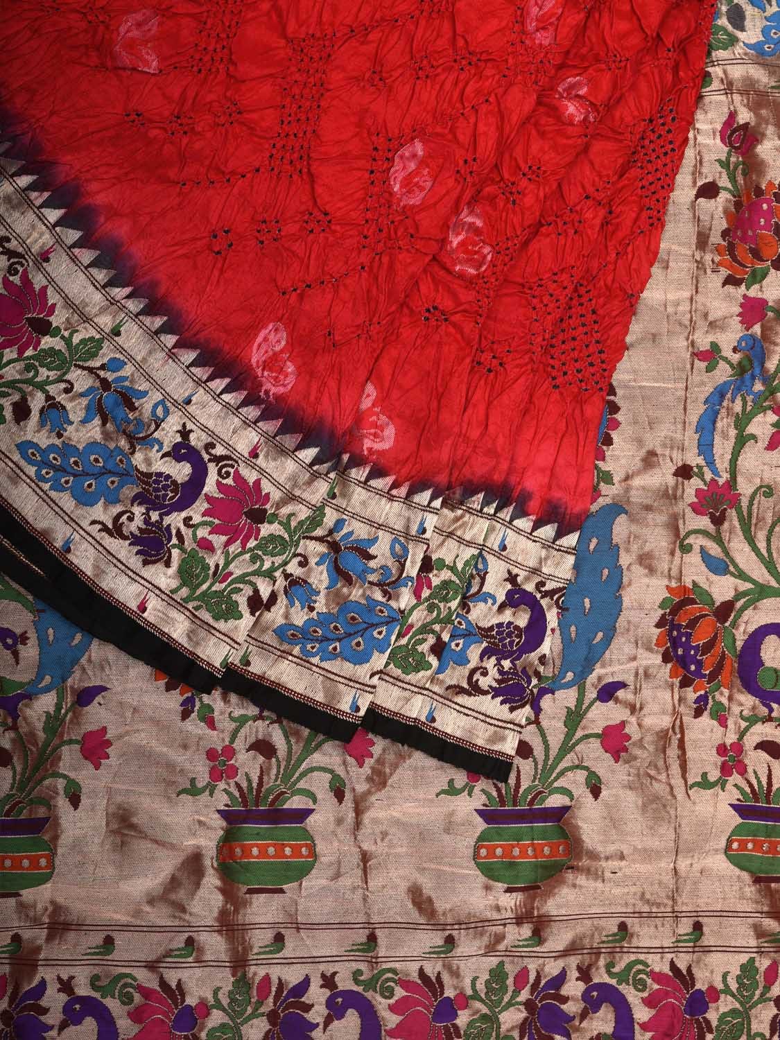 Red Bandhani Paithani Silk Handloom Saree with Peacock Border Design bn0423