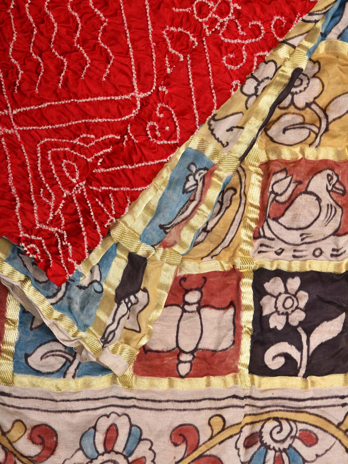 Red Bandhani Silk Handloom Saree with Kalamkari Checks Pallu Design bn0159