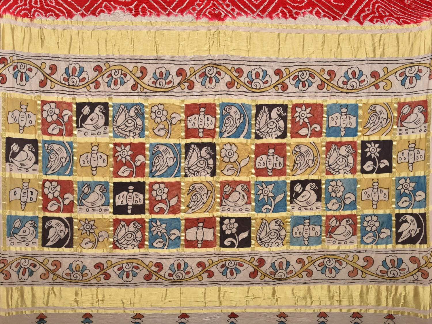 Red Bandhani Silk Handloom Saree with Kalamkari Checks Pallu Design bn0159