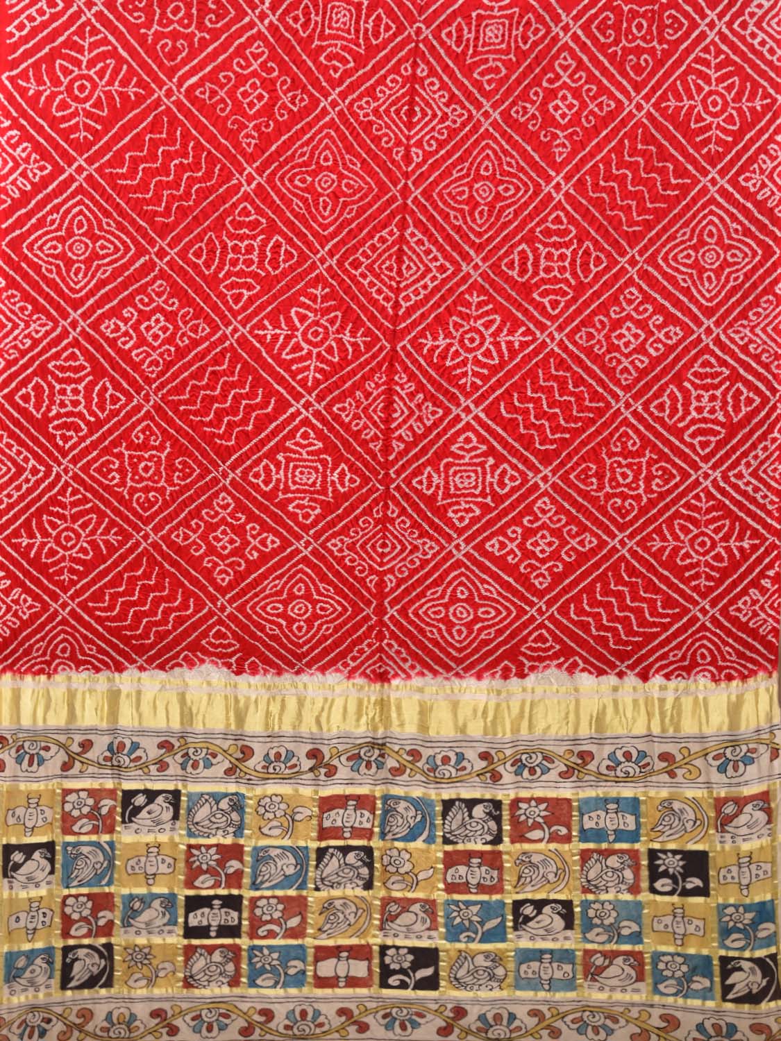 Red Bandhani Silk Handloom Saree with Kalamkari Checks Pallu Design bn0159